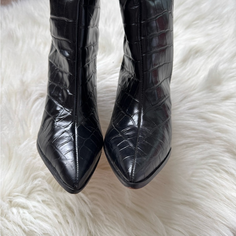 New Schutz Maryana Block Wide Crocodile Boot Black Chunky Heel Point Toe Western - Picture 6 of 6